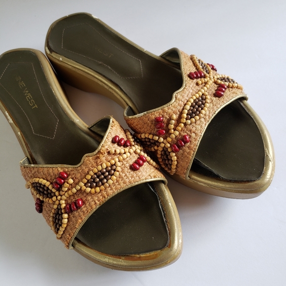 Nine West Shoes - Nine West platform slide sandals wood and beads size 7